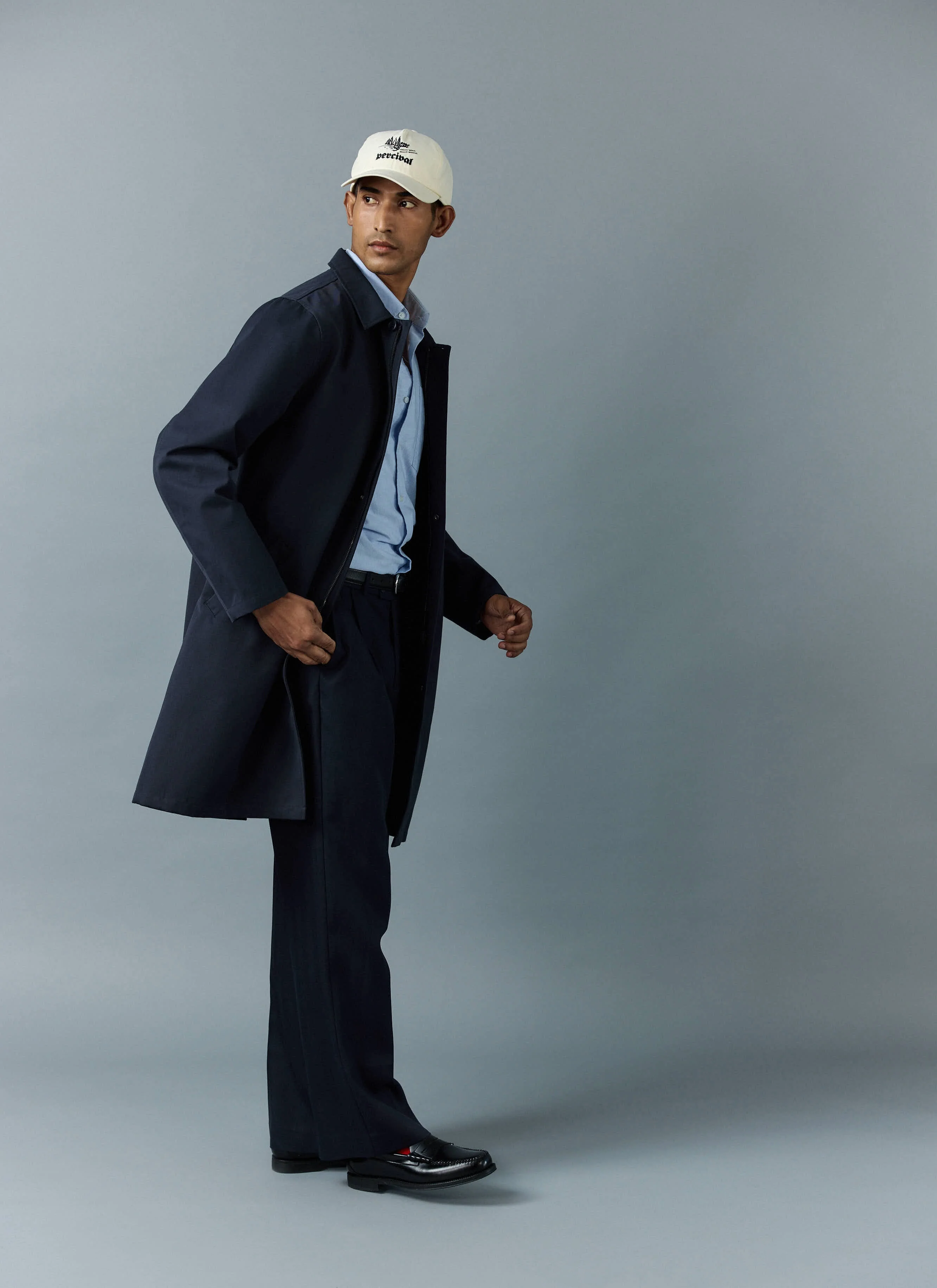 Men's Navy Greyson Long Trench Coat | Waterproof | Midnight with Olive - Image 4